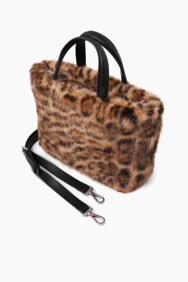 Femei - Geantă shopper mică din blană artificială, cu curea detașabilă - negru / nej