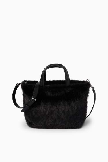 Femei - Geantă shopper mică din blană artificială, cu curea detașabilă - negru