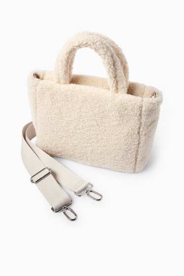 Femei - Geantă shopper de pluș mică, cu curea detașabilă - bej