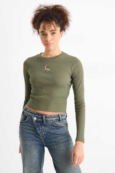 Femei - Tricou crop cu mânecă lungă - slim fit - reiat - kaki