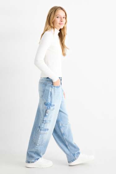 Copii - Fete - Cargo jeans - denim-albastru deschis