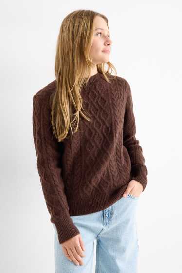 Children Girls - Jumper - cable knit pattern - dark brown