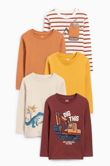 Copii - Băieți - Multipack 5 buc. - dinozaur și excavator - tricou cu mânecă lungă - maro închis