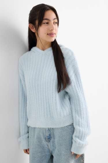 Kinder Mädchen - Kapuzenpullover - gerippt - hellblau