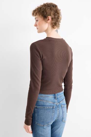 Damen - Crop Langarmshirt - Slim Fit - gerippt - dunkelbraun