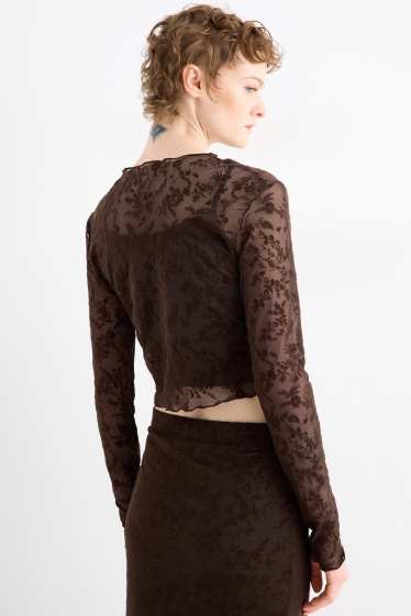Damen - Set - Crop Langarmshirt und Top - Slim Fit - geblümt - dunkelbraun