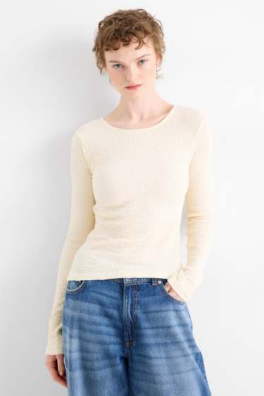 Dámské - Tričko s dlouhým rukávem - slim fit - strukturované - krémově bílá
