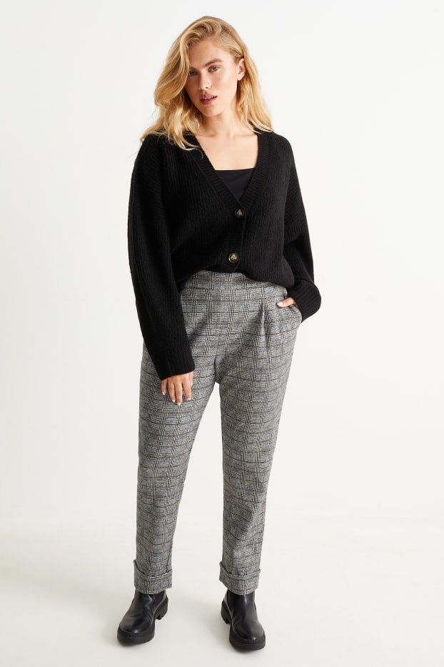 Femei - Pantaloni de stofă - talie înaltă - tapered fit - în carouri - gri