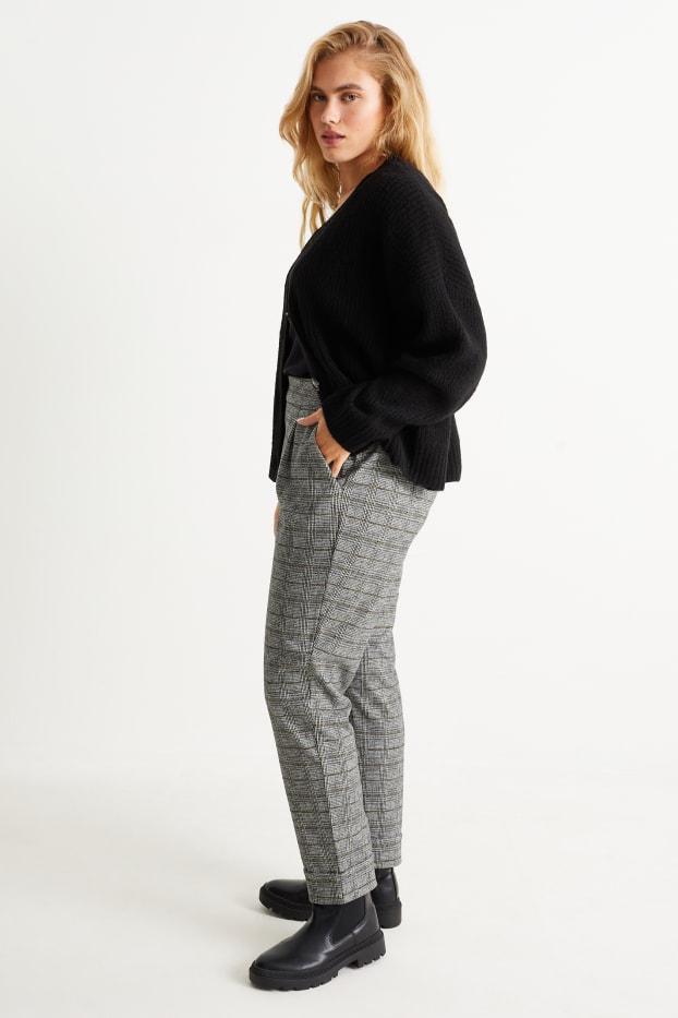 Femei - Pantaloni de stofă - talie înaltă - tapered fit - în carouri - gri