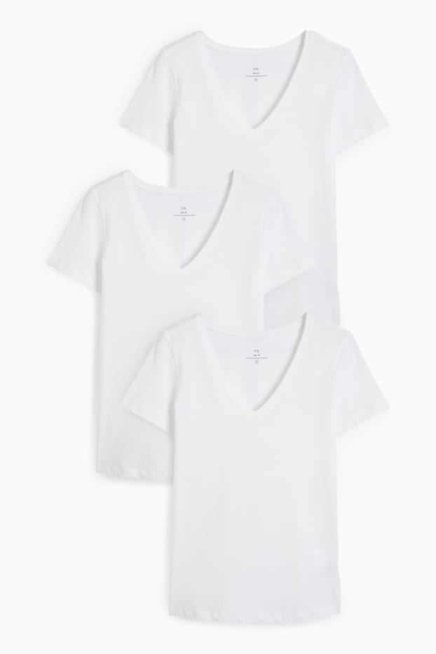 Femei - Multipack 3 buc. - tricou cu decolteu în V - slim fit - alb