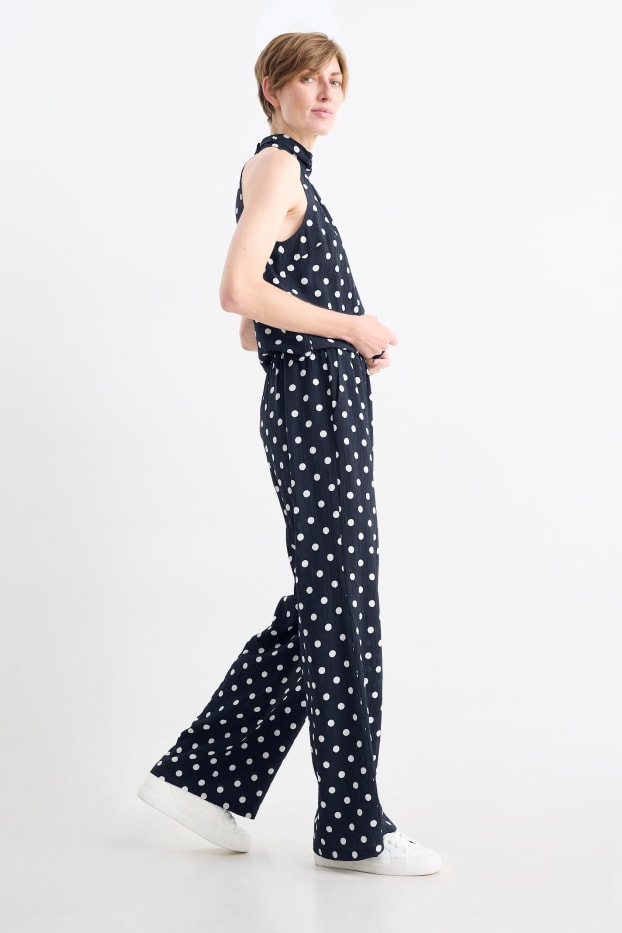 Femei - Pantaloni de stofă - talie înaltă - wide leg - cu buline - albastru închis