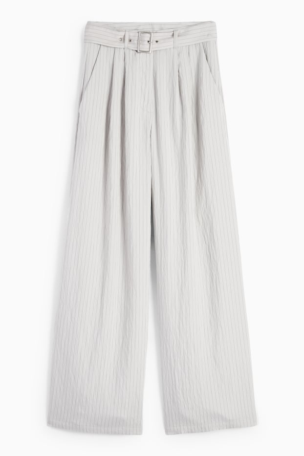 Femei - Pantaloni de stofă cu curea - talie înaltă - wide leg - dungi fine - gri deschis