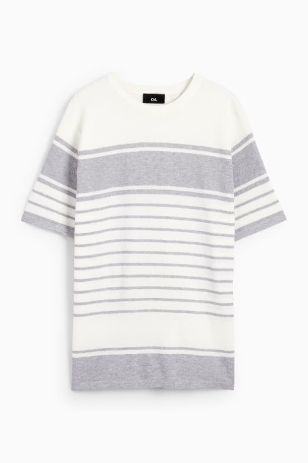 Hommes - Pull en maille - manches courtes - à rayures - texturé - gris clair
