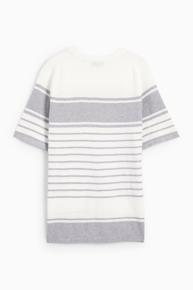 Hommes - Pull en maille - manches courtes - à rayures - texturé - gris clair