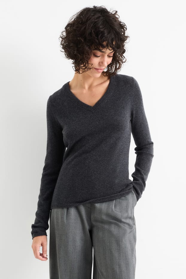 Damen - Kaschmir-Pullover mit V-Ausschnitt - dunkelgrau