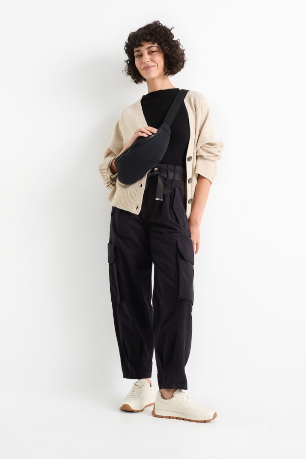 Damen - Cargohose - High Waist - Tapered Fit - schwarz