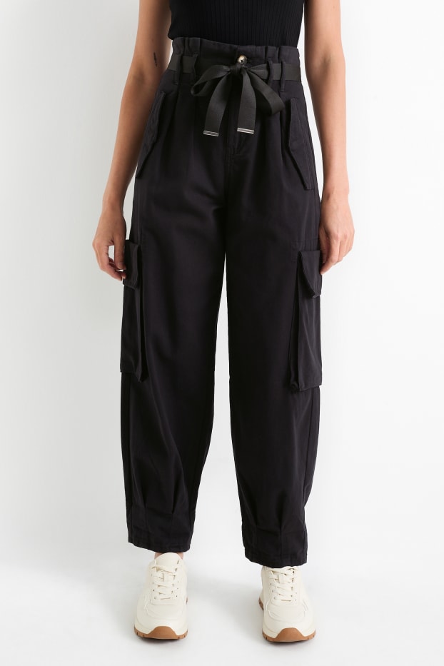Damen - Cargohose - High Waist - Tapered Fit - schwarz