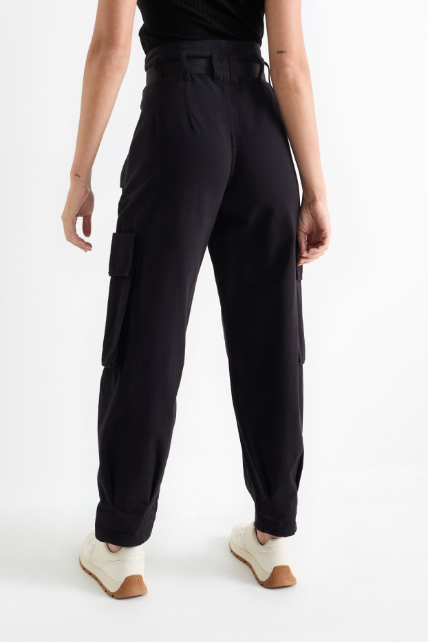 Damen - Cargohose - High Waist - Tapered Fit - schwarz