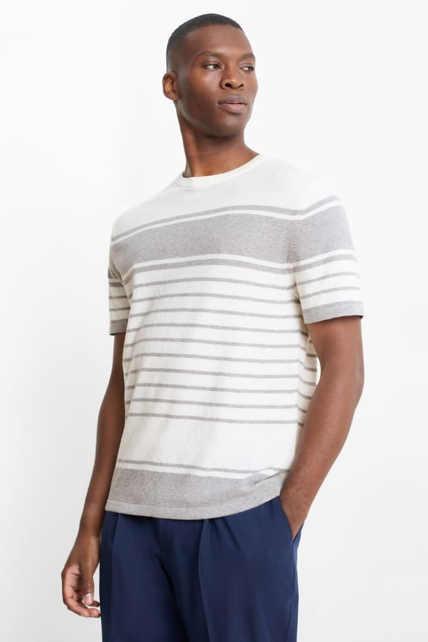 Hommes - Pull en maille - manches courtes - à rayures - texturé - gris clair