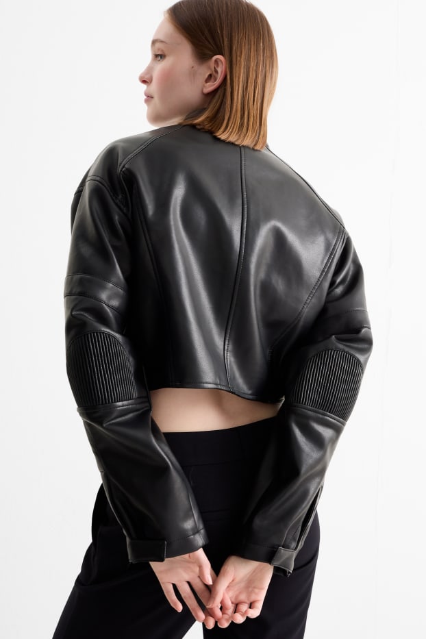 Femei - Jachetă de motociclist crop - imitație de piele - negru
