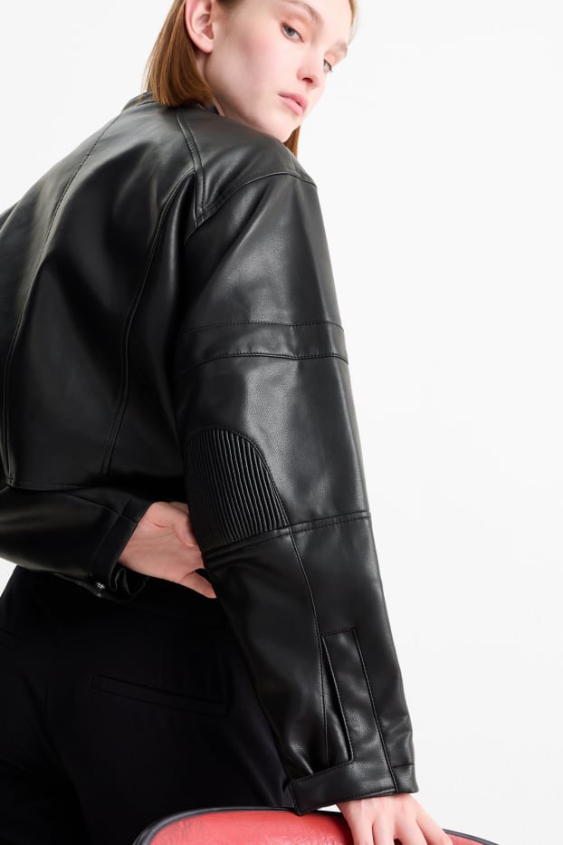 Femei - Jachetă de motociclist crop - imitație de piele - negru
