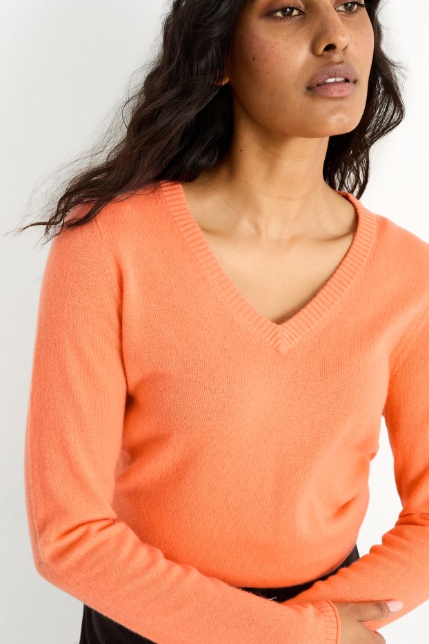Damen - Kaschmir-Pullover mit V-Ausschnitt - orange