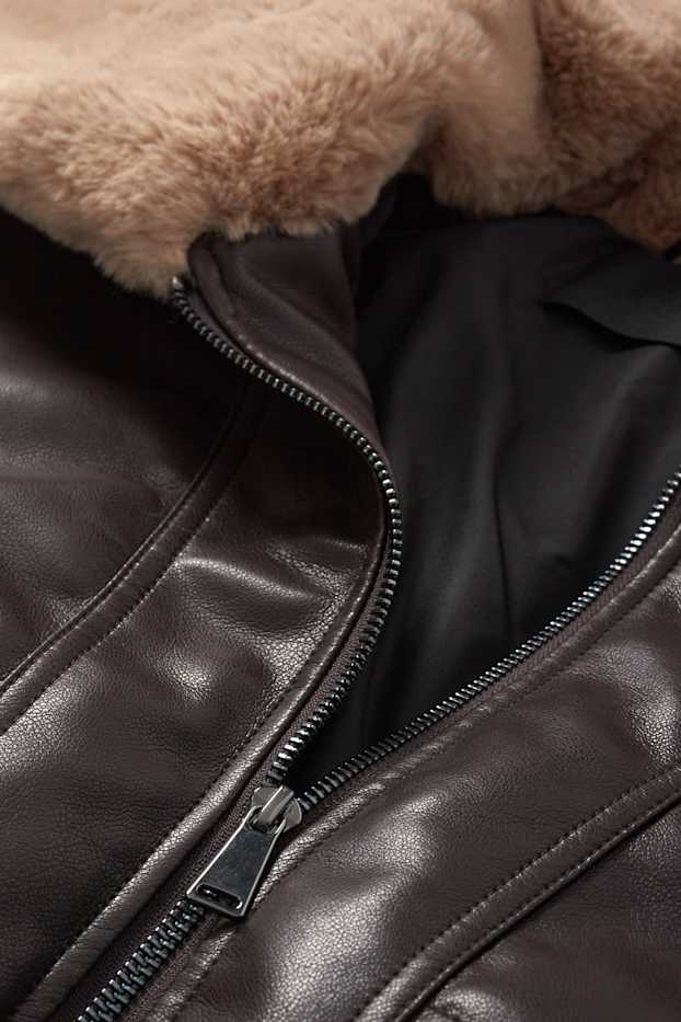 Femei - Jachetă de aviator cu aplicații din blană artificială - imitație de piele - maro închis