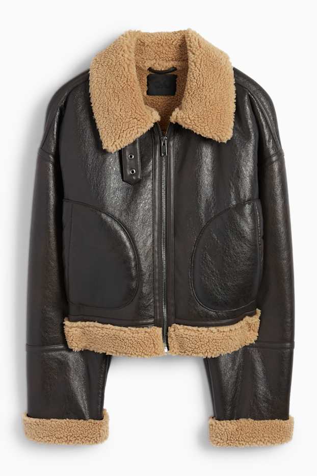 Femei - Jachetă din piele shearling falsă - imitație de piele - maro închis