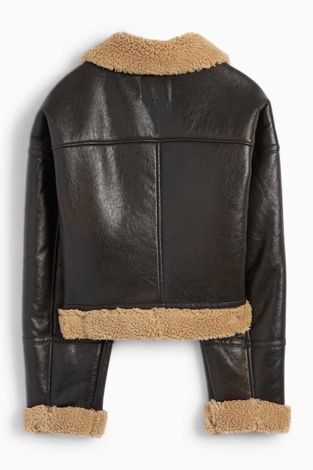 Femei - Jachetă din piele shearling falsă - imitație de piele - maro închis