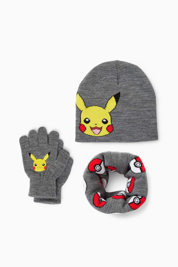 Copii - Băieți - Pokémon - Pikachu - set - căciulă, fular circular și mănuși - gri închis