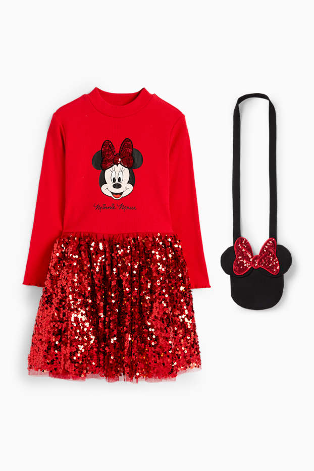 Kinderen: meisjes - Minnie Mouse - set - jurk en tas - 2-delig - donkerrood