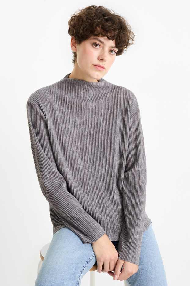 Damen - Langarmshirt - gerippt - dunkelgrau