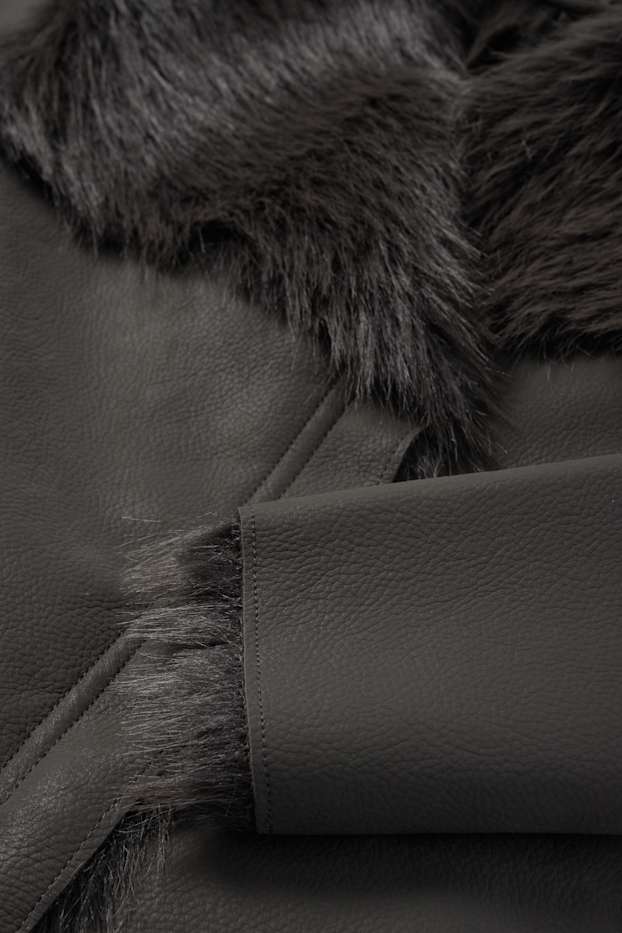 Femei - Jachetă din piele shearling falsă - imitație de piele - gri închis
