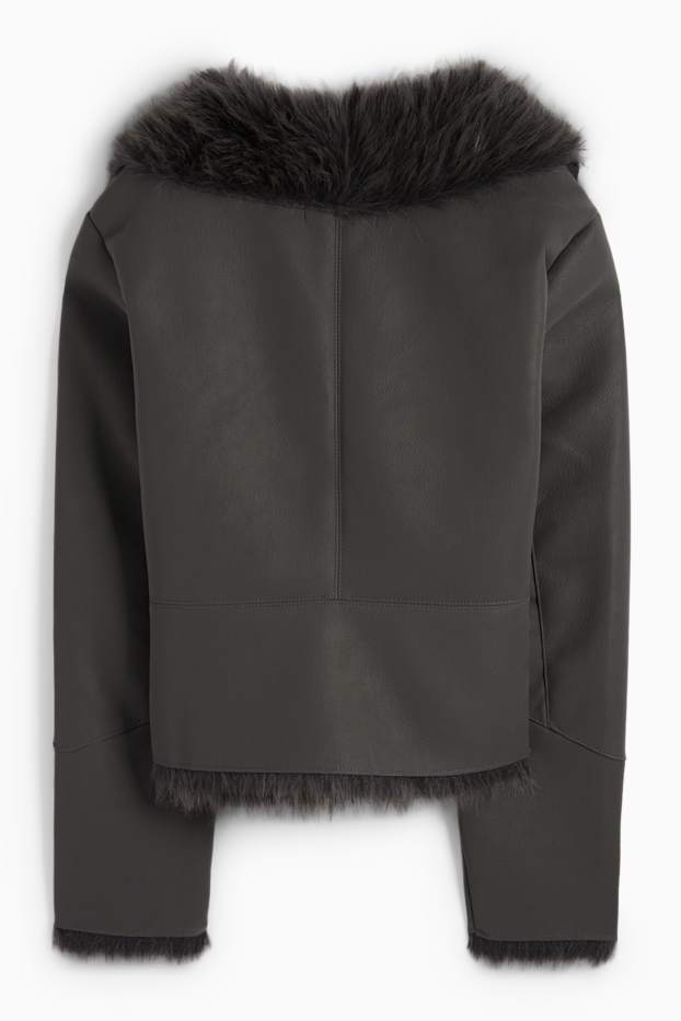 Femei - Jachetă din piele shearling falsă - imitație de piele - gri închis
