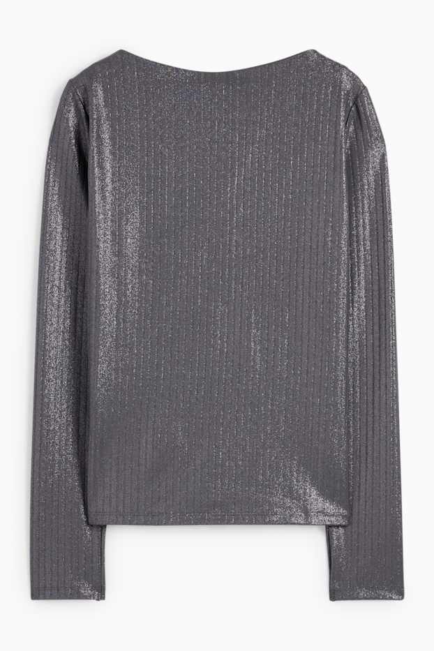 Damen - Langarmshirt - gerippt - glänzend - dunkelgrau