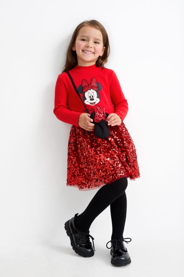 Kinderen: meisjes - Minnie Mouse - set - jurk en tas - 2-delig - donkerrood