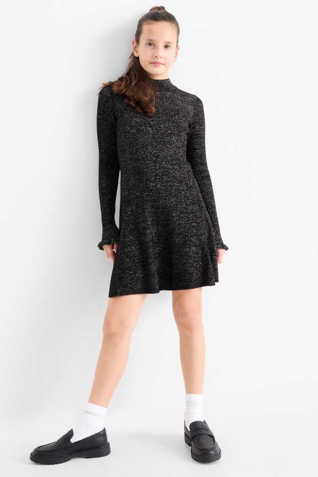 Copii - Fete - Rochie tricotată - aspect lucios - negru