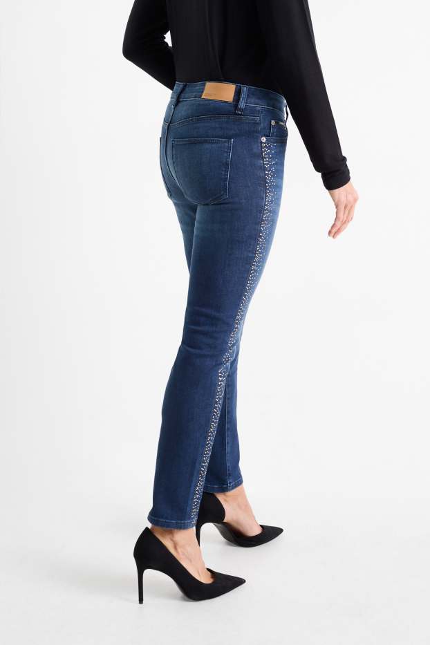 Femei - Slim jeans cu ștrasuri - talie medie - denim-albastru