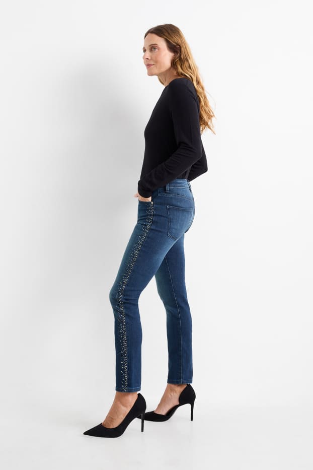 Femei - Slim jeans cu ștrasuri - talie medie - denim-albastru