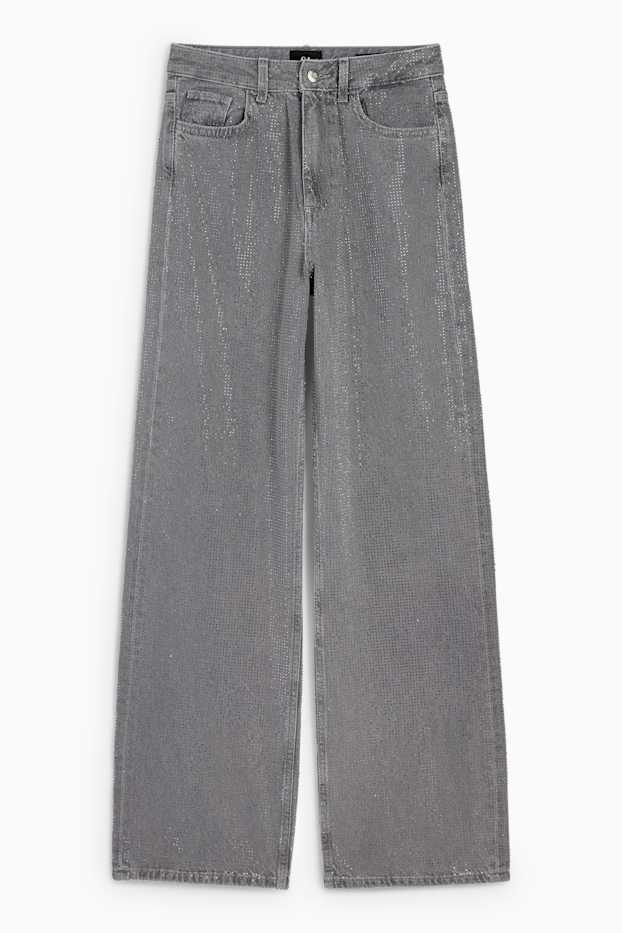 Femei - Loose fit jeans cu ștrasuri - talie înaltă - gri