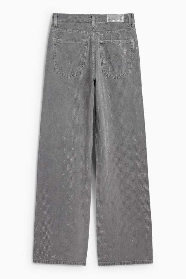 Femei - Loose fit jeans cu ștrasuri - talie înaltă - gri