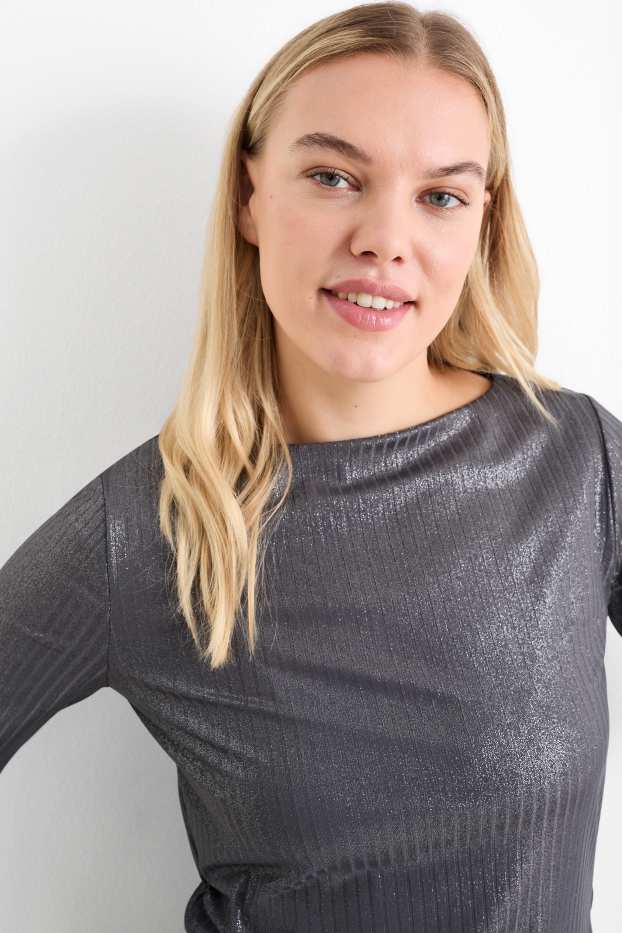 Damen - Langarmshirt - gerippt - glänzend - dunkelgrau