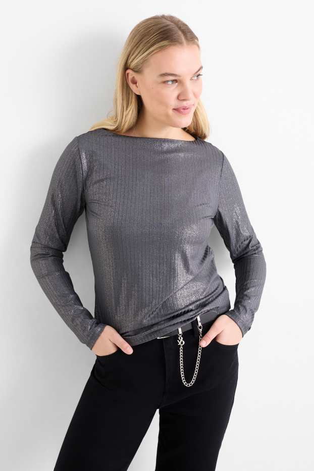 Damen - Langarmshirt - gerippt - glänzend - dunkelgrau