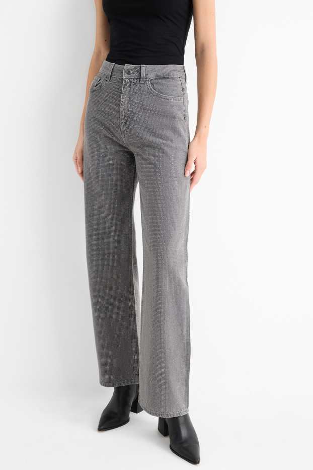 Femei - Loose fit jeans cu ștrasuri - talie înaltă - gri