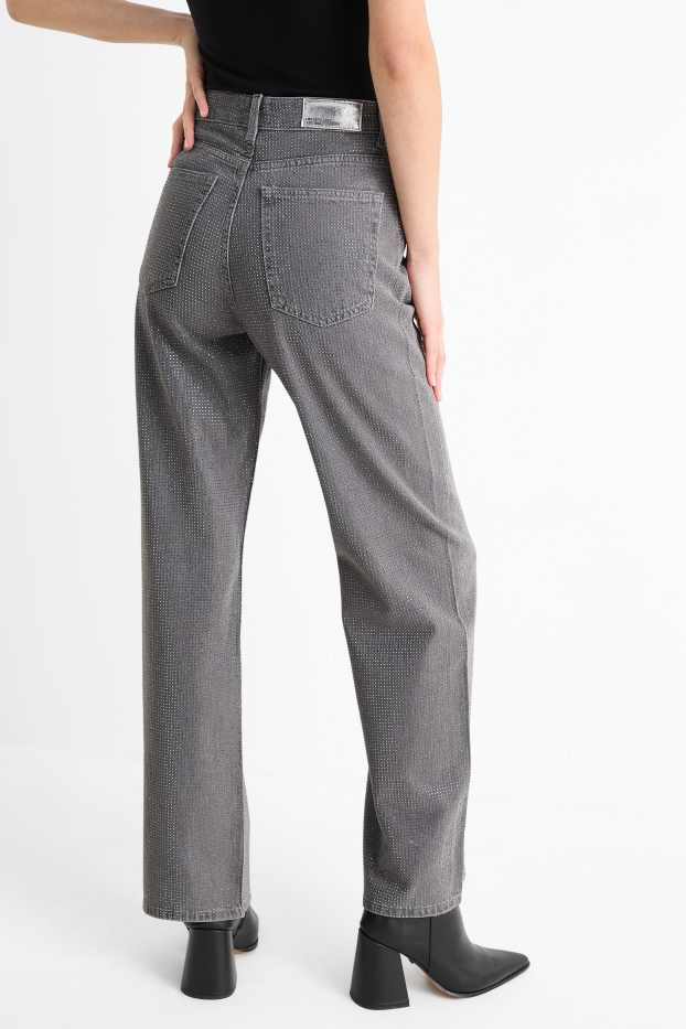Femei - Loose fit jeans cu ștrasuri - talie înaltă - gri