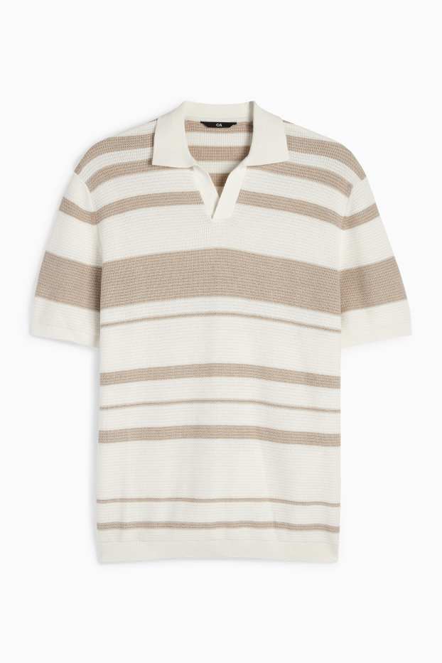 Bărbați - Tricou polo tricotat - cu dungi - structurat - alb-crem