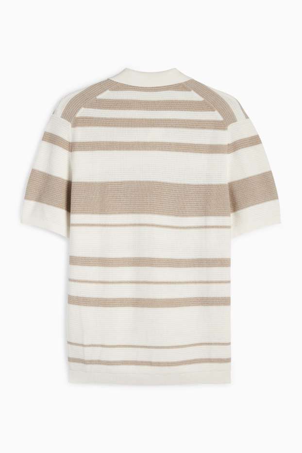 Bărbați - Tricou polo tricotat - cu dungi - structurat - alb-crem