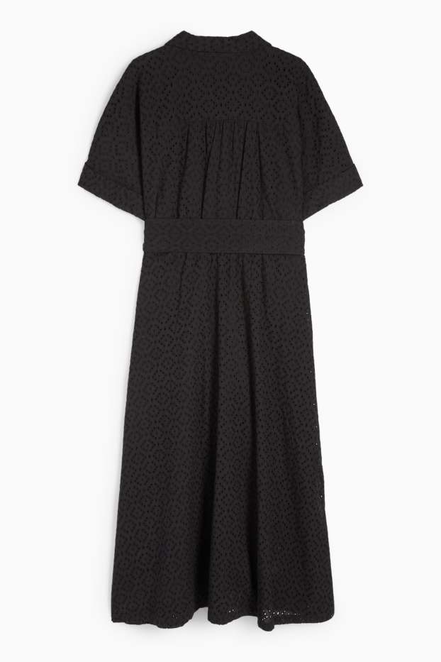 Damen - Blusenkleid mit Gürtel - Broderie Anglaise - schwarz