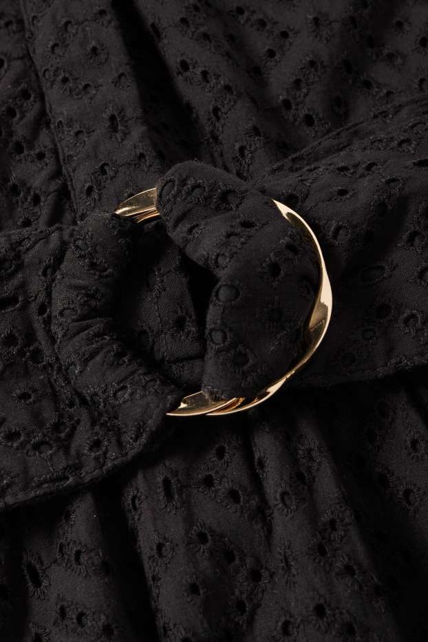 Damen - Blusenkleid mit Gürtel - Broderie Anglaise - schwarz