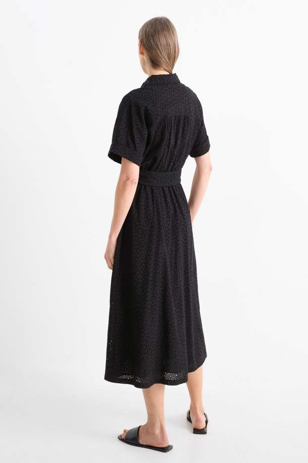 Damen - Blusenkleid mit Gürtel - Broderie Anglaise - schwarz